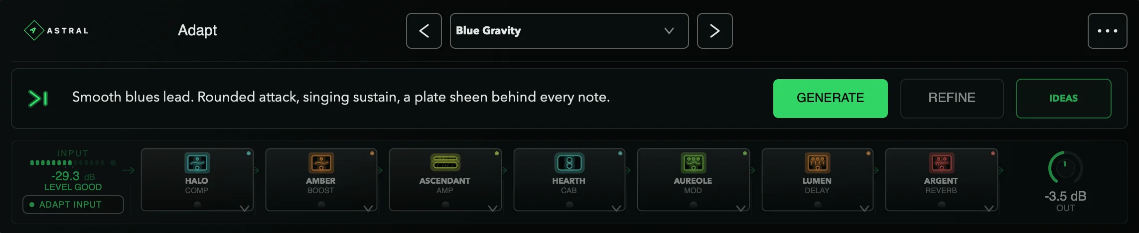 The Astral Adapt interface with the Blue Gravity preset loaded: a tone prompt above a visible guitar signal chain — Halo compressor, Amber boost, Ascendant amp, Hearth cabinet, Aureole modulation, Lumen delay and Argent reverb