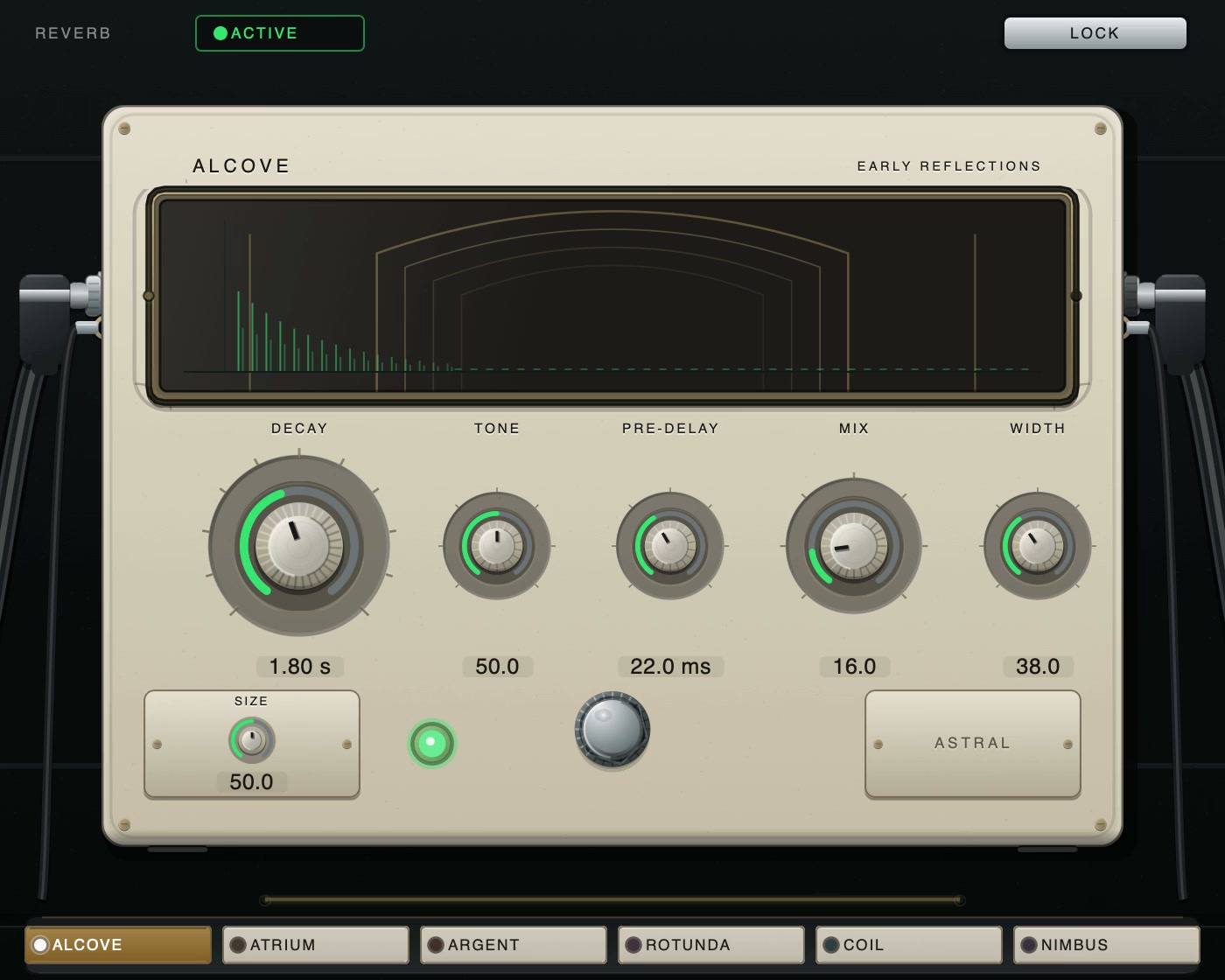 The Astral reverb panel showing a decay envelope